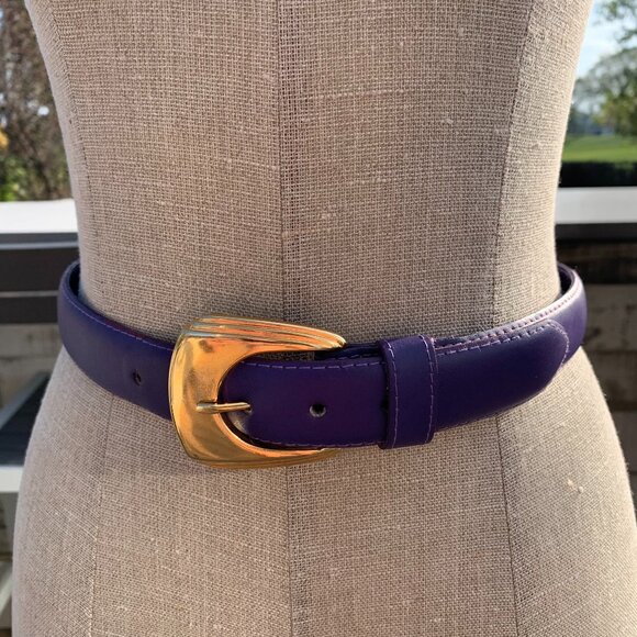 Vintage 80s 90s Purple Leather Gold Buckle Statement Retro Waist Belt - Picture 1 of 11